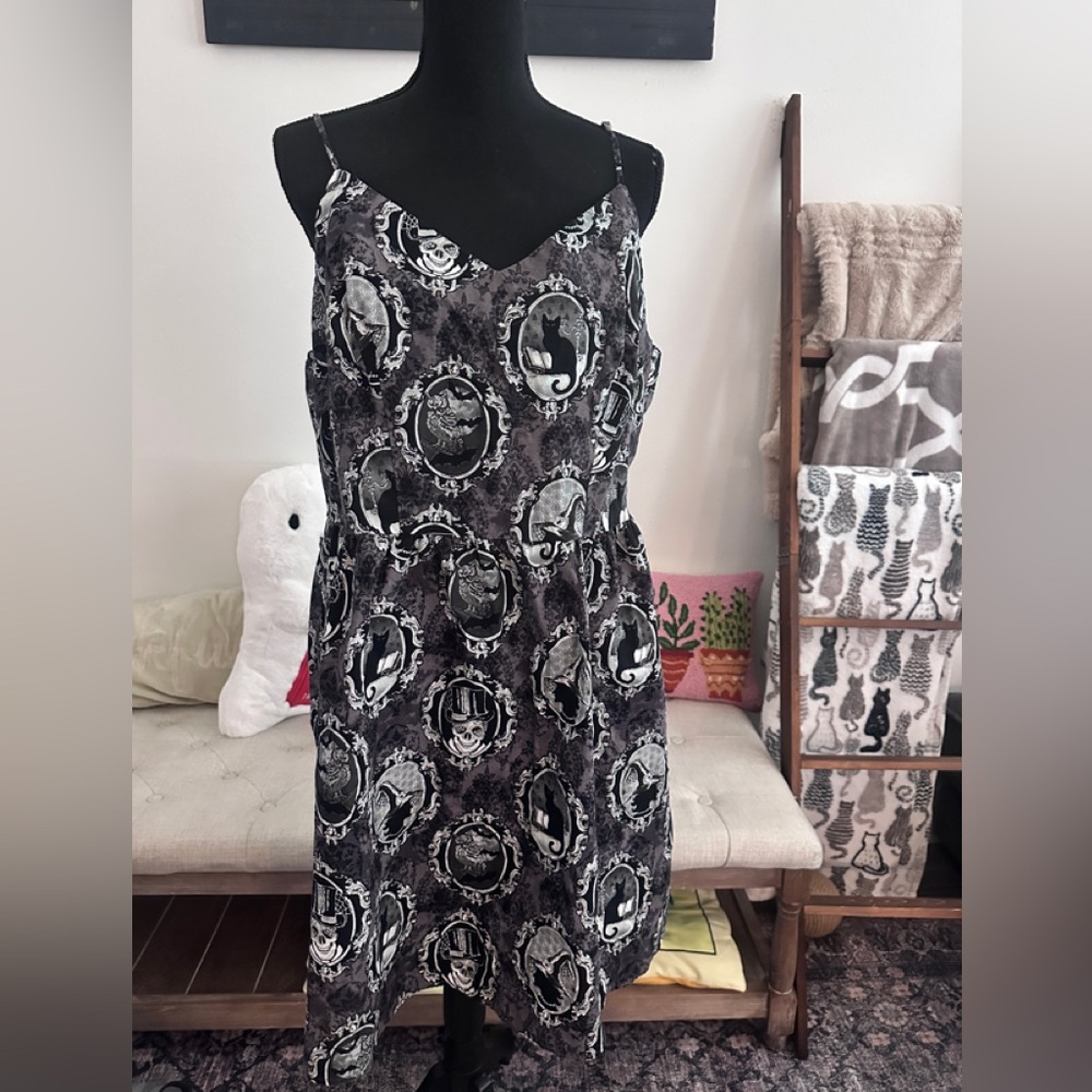 Retrolicious Black and Gray Cat Print Mini Dress Halloween 2X